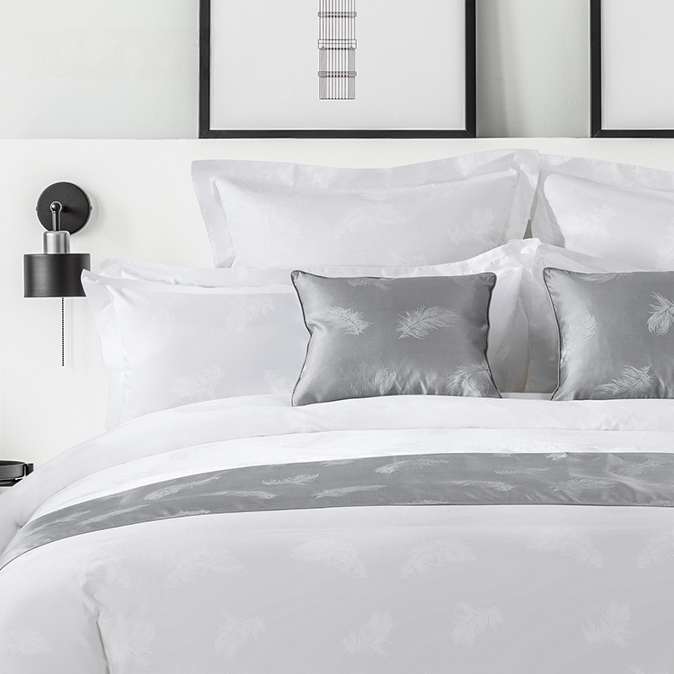 Classic Luxury 100% Cotton White Feather Pattern Jacquard Hotel Linen Bedroom Bedding Sheet Set