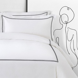 Hotel 100% Cotton White 400TC Bedding Sheet Set Black Double-Line Embroidered Duvet Cover