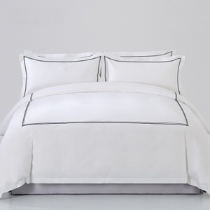 Hotel 100% Cotton White 400TC Bedding Sheet Set Black Double-Line Embroidered Duvet Cover